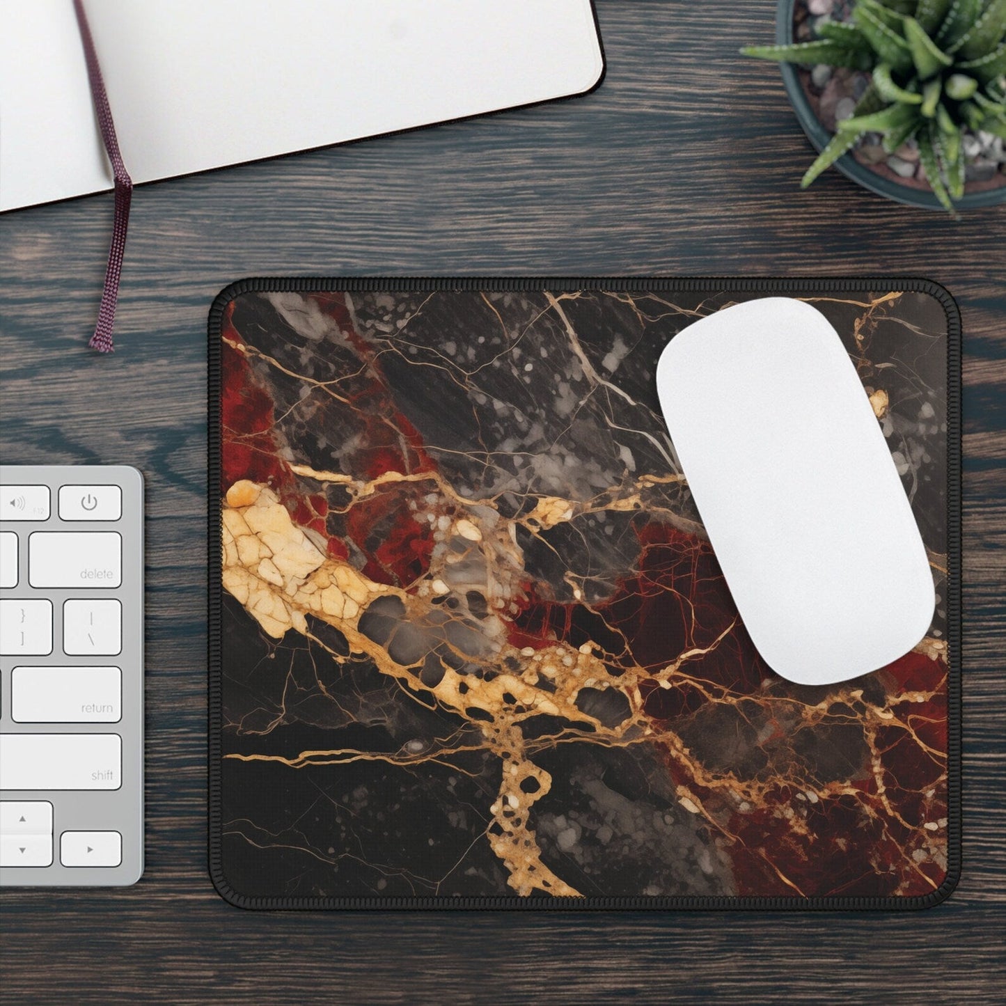 Black Red and Gold Non-Slip Marble Desk Mat: Large Gaming Mouse Pad