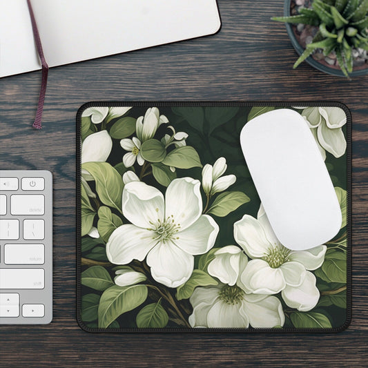 Cottagecore Non-Slip Desk Mat: Floral Botanical White Flowers Large Gaming Mouse Pad