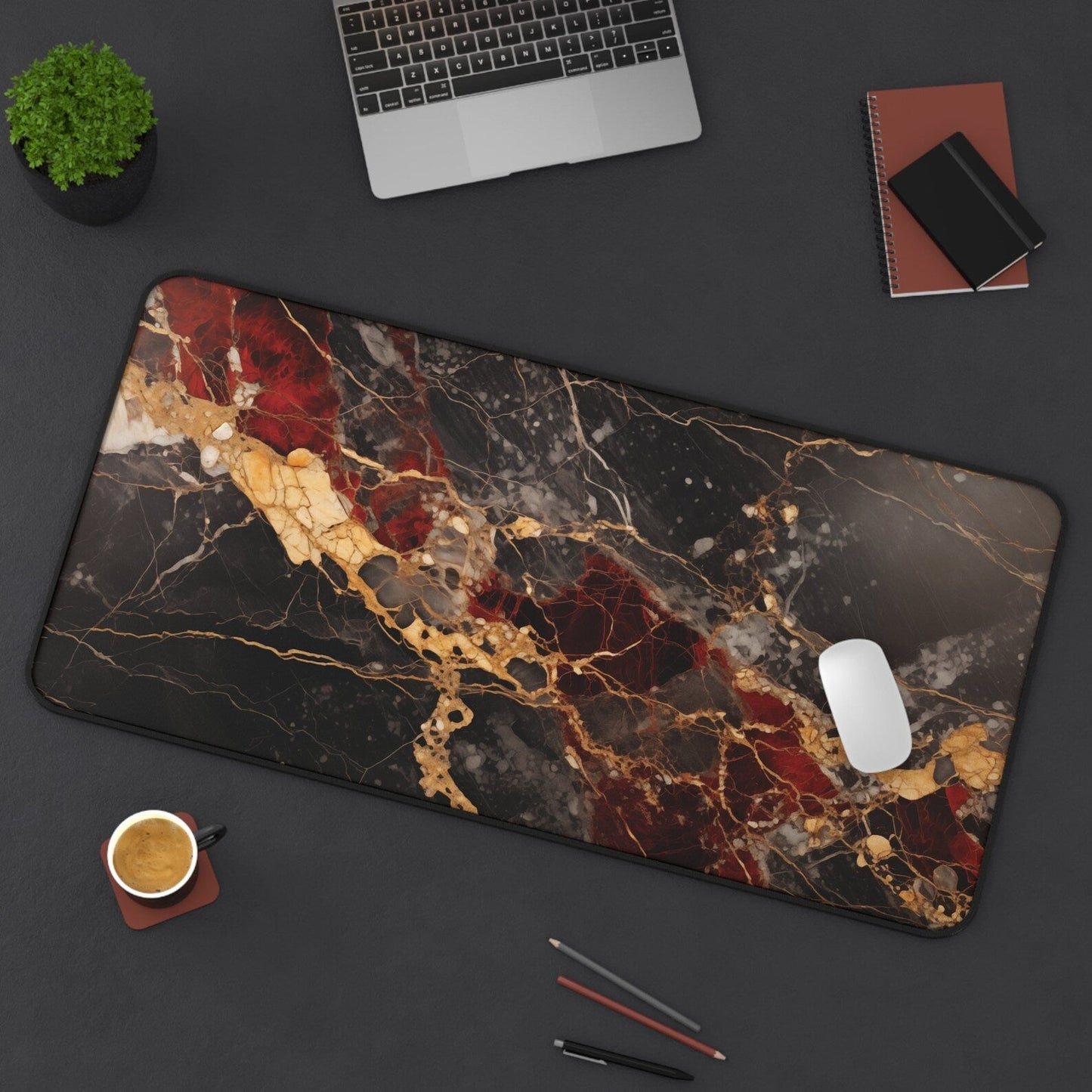 Black Red and Gold Non-Slip Marble Desk Mat: Large Gaming Mouse Pad