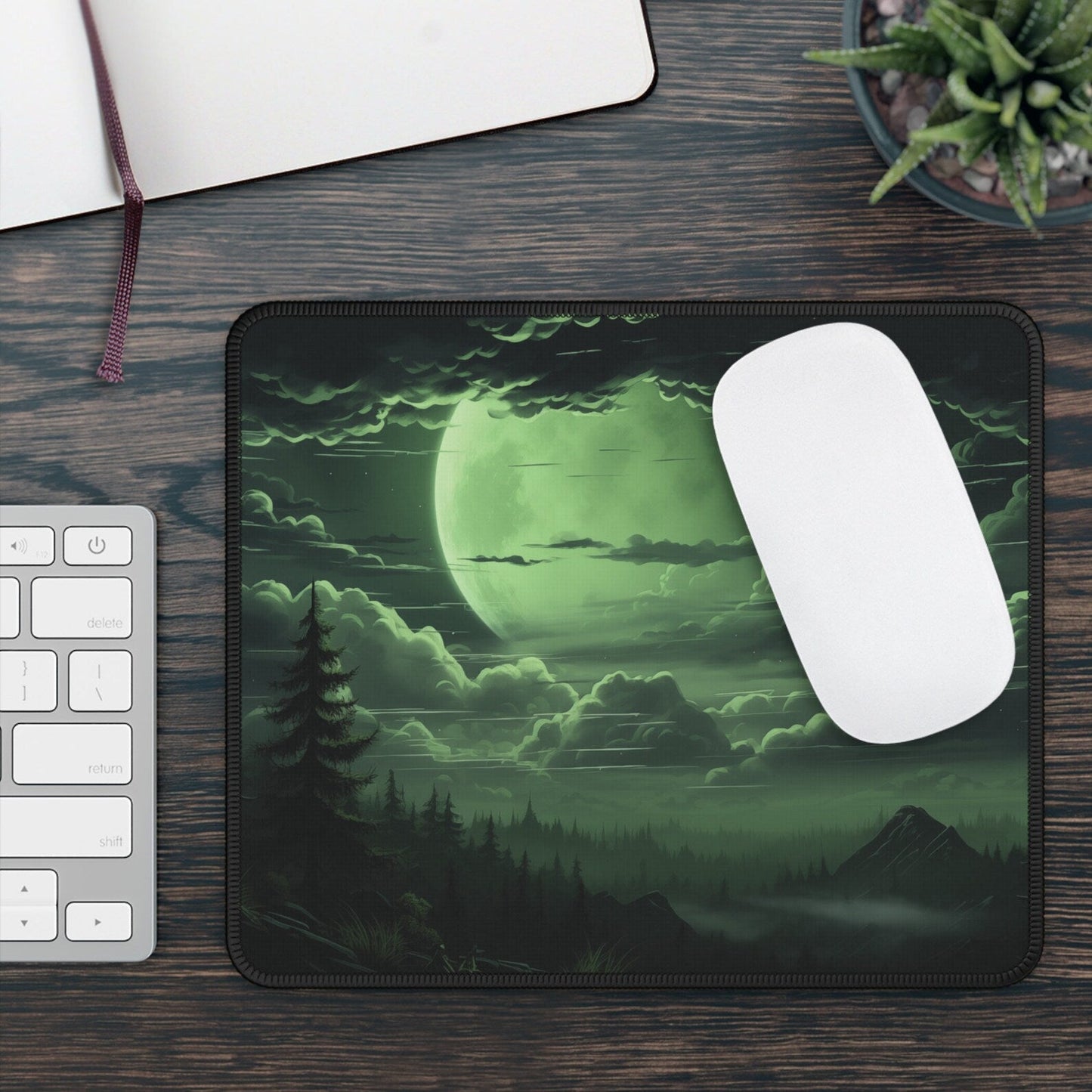 Green Night Non-Slip Desk Mat: Fantasy Forest Mountain Landscape Large Gaming Mouse Pad