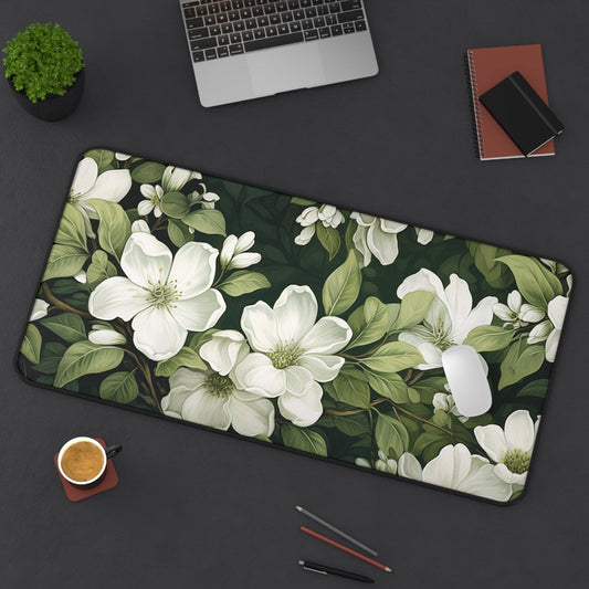 Cottagecore Non-Slip Desk Mat: Floral Botanical White Flowers Large Gaming Mouse Pad