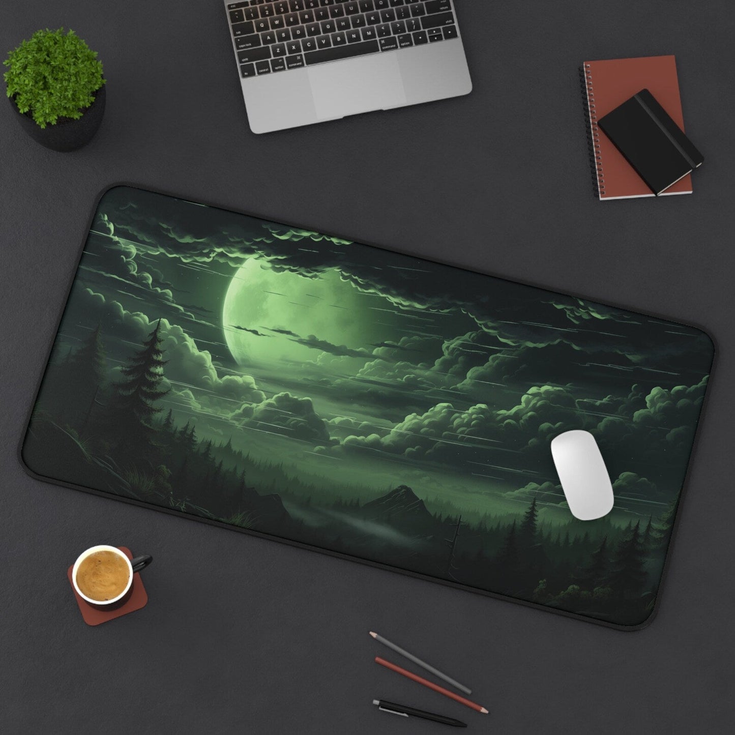 Green Night Non-Slip Desk Mat: Fantasy Forest Mountain Landscape Large Gaming Mouse Pad