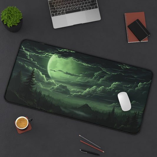Green Night Non-Slip Desk Mat: Fantasy Forest Mountain Landscape Large Gaming Mouse Pad