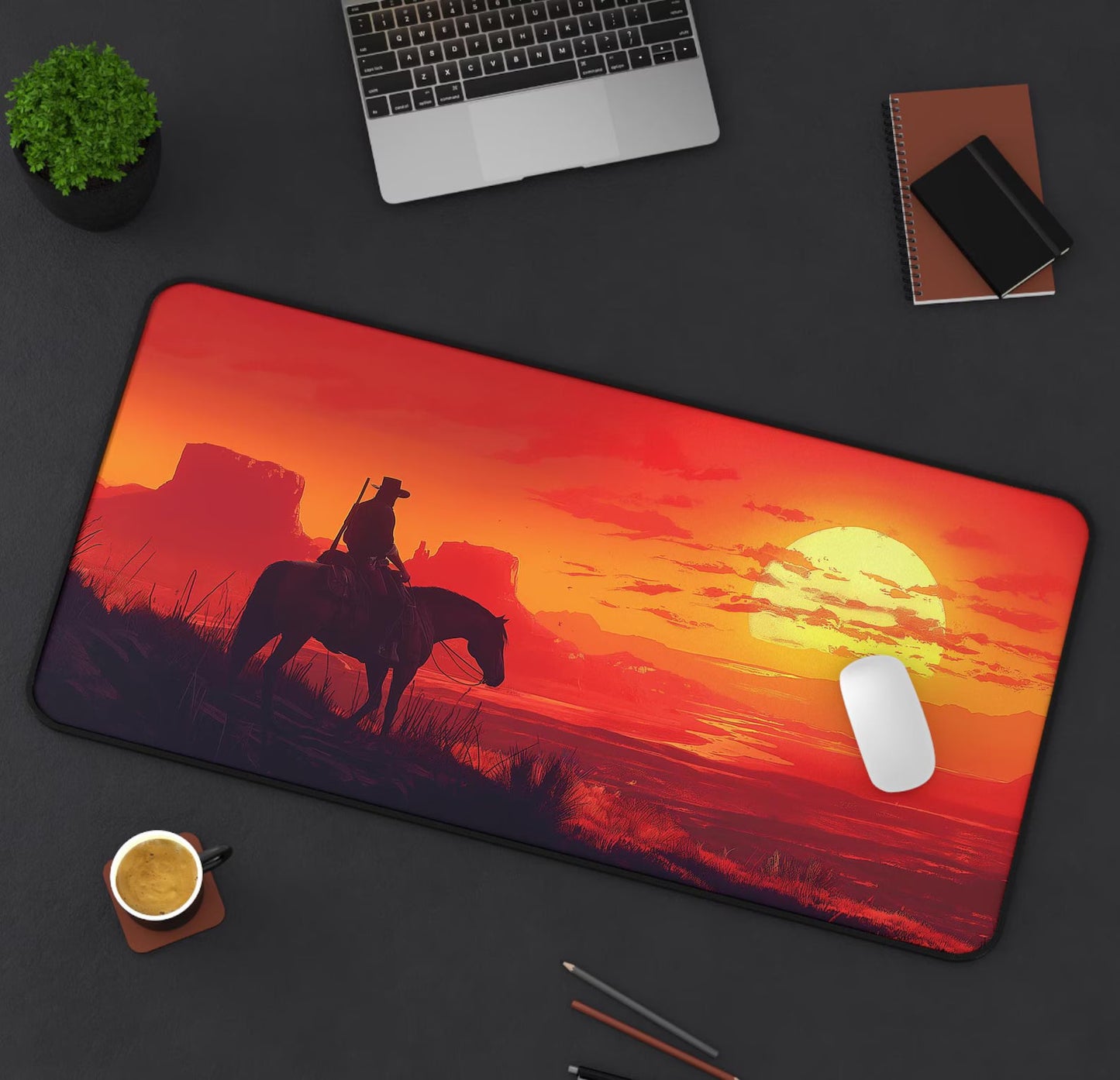 Wild West Outlaw Red Dead Cowboy Sunset Desk Mat
